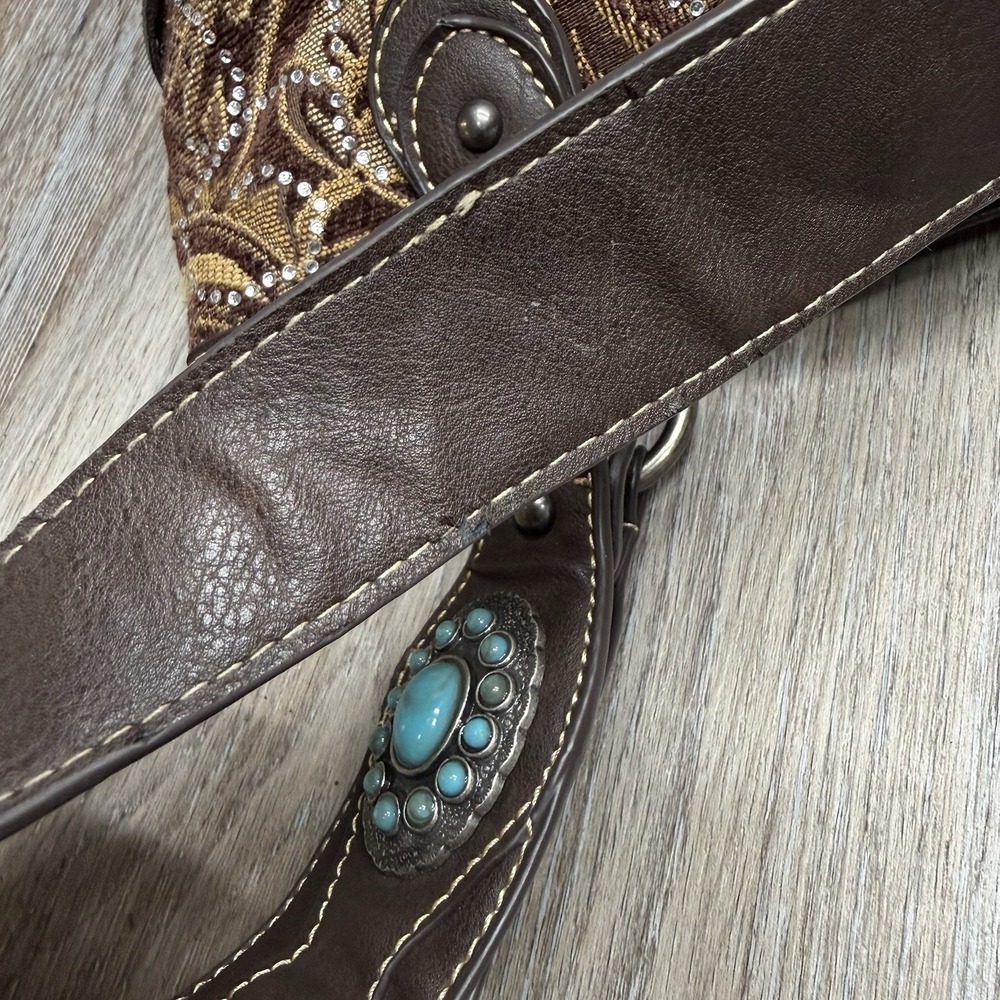 Montana West Cowgirl Tapestry Handbag Turquoise Concho Handles Rhinestone Bling - Picture 11 of 16